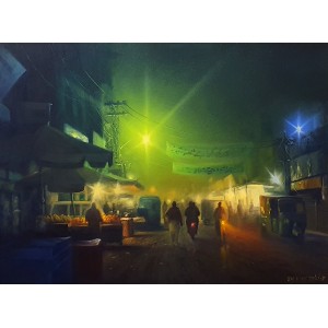 Zulfiqar Ali Zulfi, Lohari Gate at Night, 30 x 40 Inch, Oil on Canvas, Cityscape Painting-AC-ZUZ-061